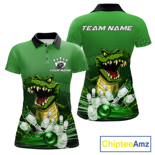 Personalized green funny alligator bowling team jersey polo shirt for women featuring a funny alligator bowling design, premium custom bowling team apparel and gift for bowlers.