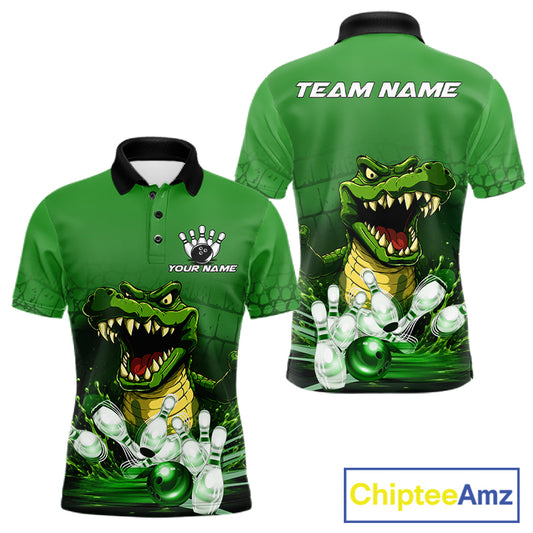 Personalized green funny alligator bowling team jersey polo shirt for men featuring a funny alligator bowling design, premium custom bowling team apparel and gift for bowlers.