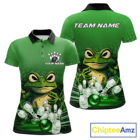 Personalized green funny frog bowling team jersey polo shirt for women featuring a funny frog bowling design, premium custom bowling team apparel and unique gift for bowlers.