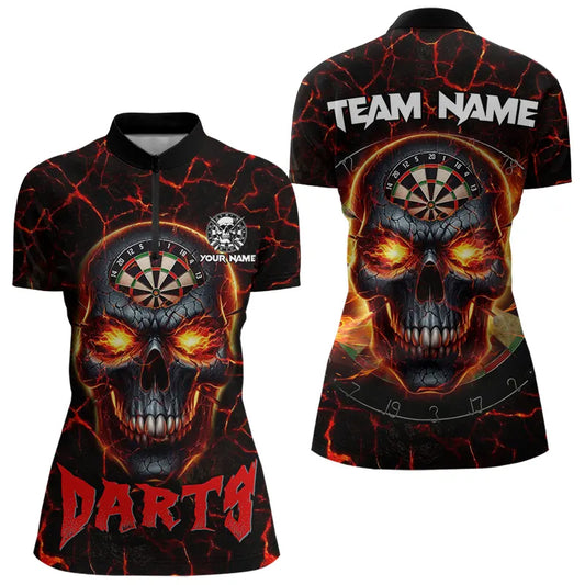 Personalized Red Dartboard Skull Fire Crack Dart Shirts Polo & 1/4 Zip For Women Custom Dart Jerseys TDM3641