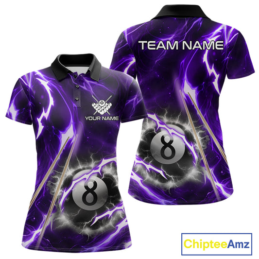 Purple 8 Ball Thunder Lightning Billiard Shirt For Women Custom Pool Team Jersey Polo & Quarter Zip TDM6171
