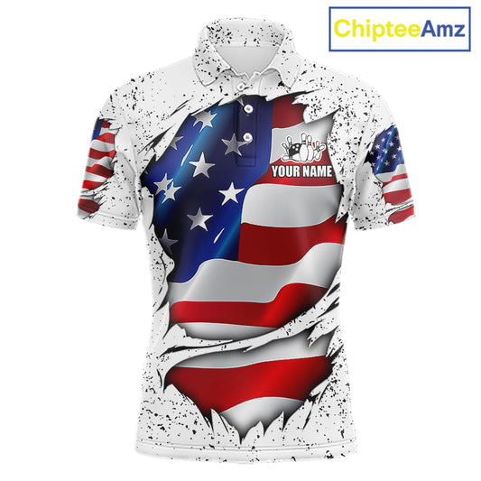 White grunge American flag custom bowling polo shirt for men, patriotic bowling team jersey for league tournaments.
