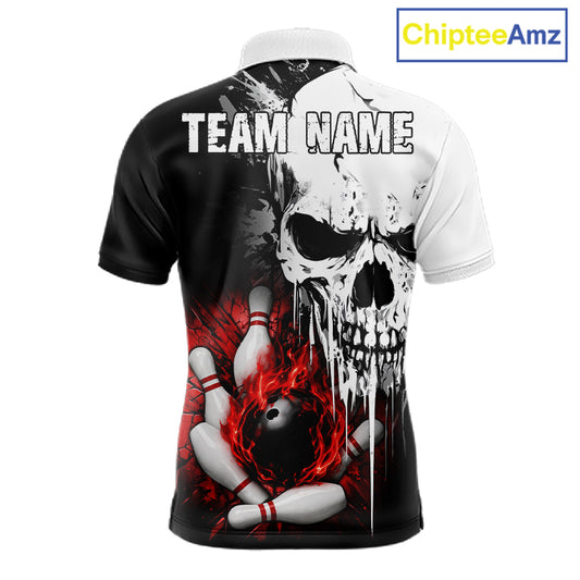 Personalized Red Grunge Skull Bowling Shirt For Men, Bowling League Team Jersey Polo & 1/4 Zip TDM6418