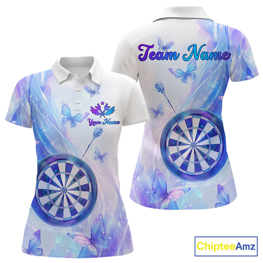 Polo shirt with butterfly and dart design on a pastel background, featuring customizable "Your Name" and "Team Name"