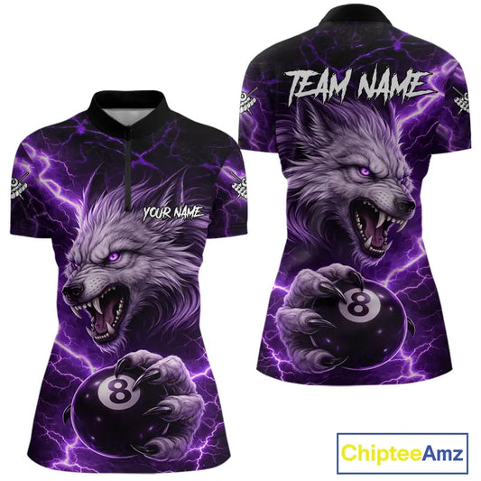 Purple 8 Ball Pool Wolf Lightning Billiard Shirt For Women Custom Billiard Team Jersey Polo & 1/4 Zip TDM5613