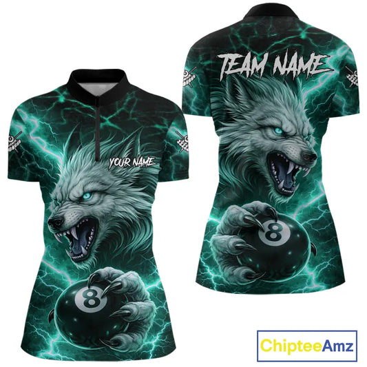 Turquoise 8 Ball Pool Wolf Lightning Billiard Shirt For Women Custom Billiard Jersey Polo & 1/4 Zip TDM5615