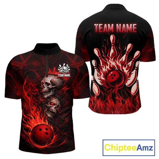 Red Flaming Skull Bowling Shirts For Men Custom Fire Bowling Team Jersey Polo & Quarter Zip TDM5617