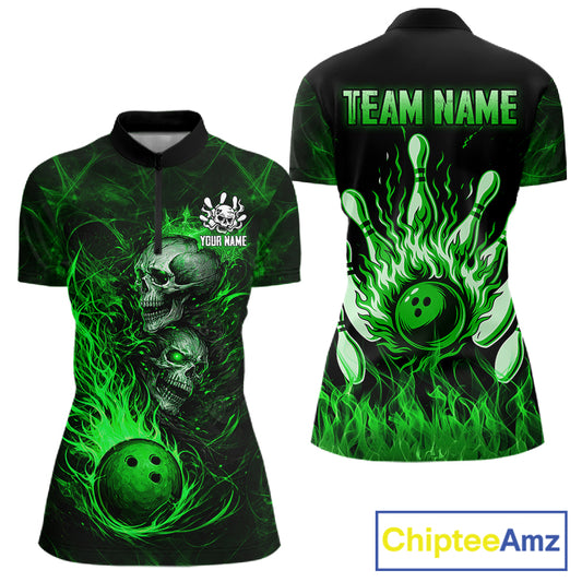 Green Flaming Skull Bowling Shirts For Women Custom Fire Bowling Team Jersey Polo & Quarter Zip TDM5618