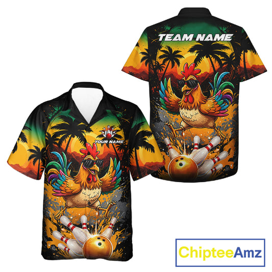 Funny Chicken Sunset Tropical Bowling Hawaiian Jersey For Men Women Custom Bowling Team Shirts TDM6458