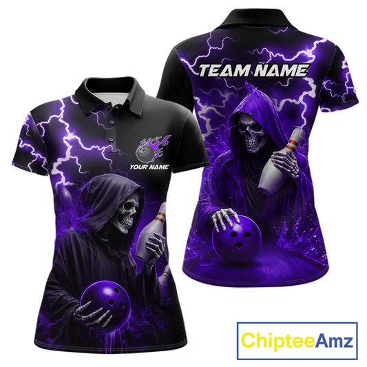 Purple Grim Reaper Bowling Shirt For Women Custom Lightning Team League Bowling Jersey Polo, 1/4 Zip TDM5856