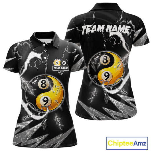 Personalized White Black 8 Ball 9 Ball Yin-Yang Billiard Shirt For Women, Lightning Pool Team Jersey TDM5879