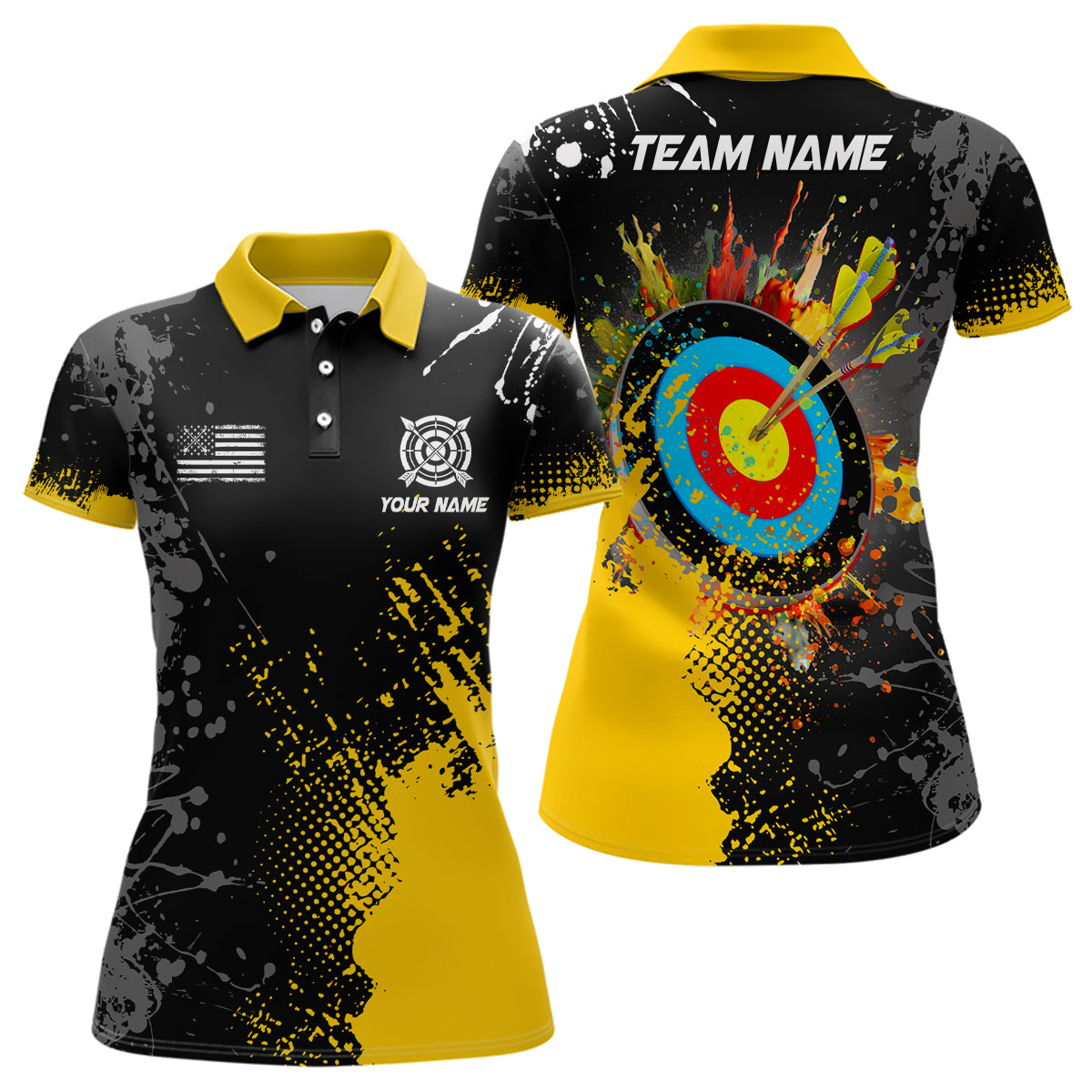 Personalized Paint Yellow 3D Target Archery Polo Shirts For Women Custom Name Archery Jerseys Attire TDM1191