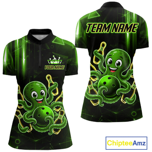 Green funny neon octopus bowling team quarter zip shirt for women, custom bowling league jersey with neon octopus artwork.