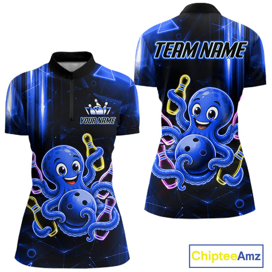 Blue funny neon octopus bowling team quarter zip shirt for women, custom bowling league jersey with neon octopus artwork.