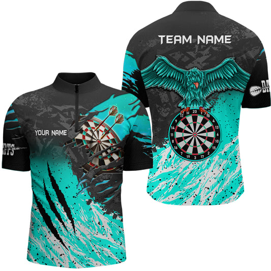 Personalized Turquoise Black Eagle Dartboard Dart Polo & 1/4 Zip For Men Custom Team Dart Jerseys TDM3522
