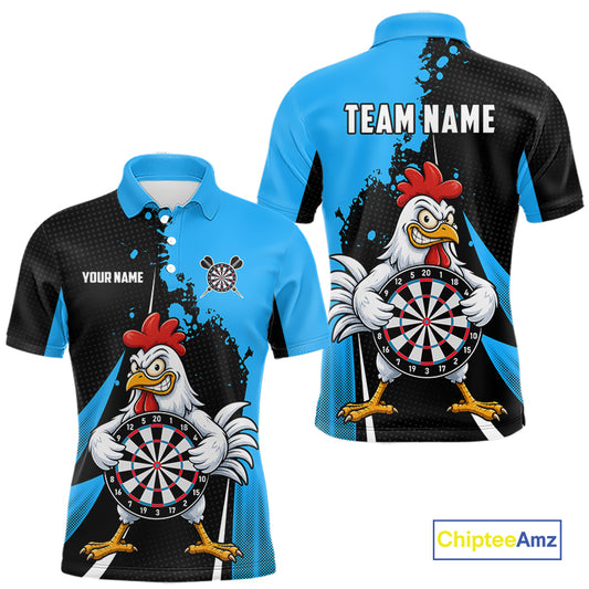 Blue Funny Chicken Darts Shirts For Men Custom Rooster Darts Team Jersey Polo & Quarter Zip TDM7199