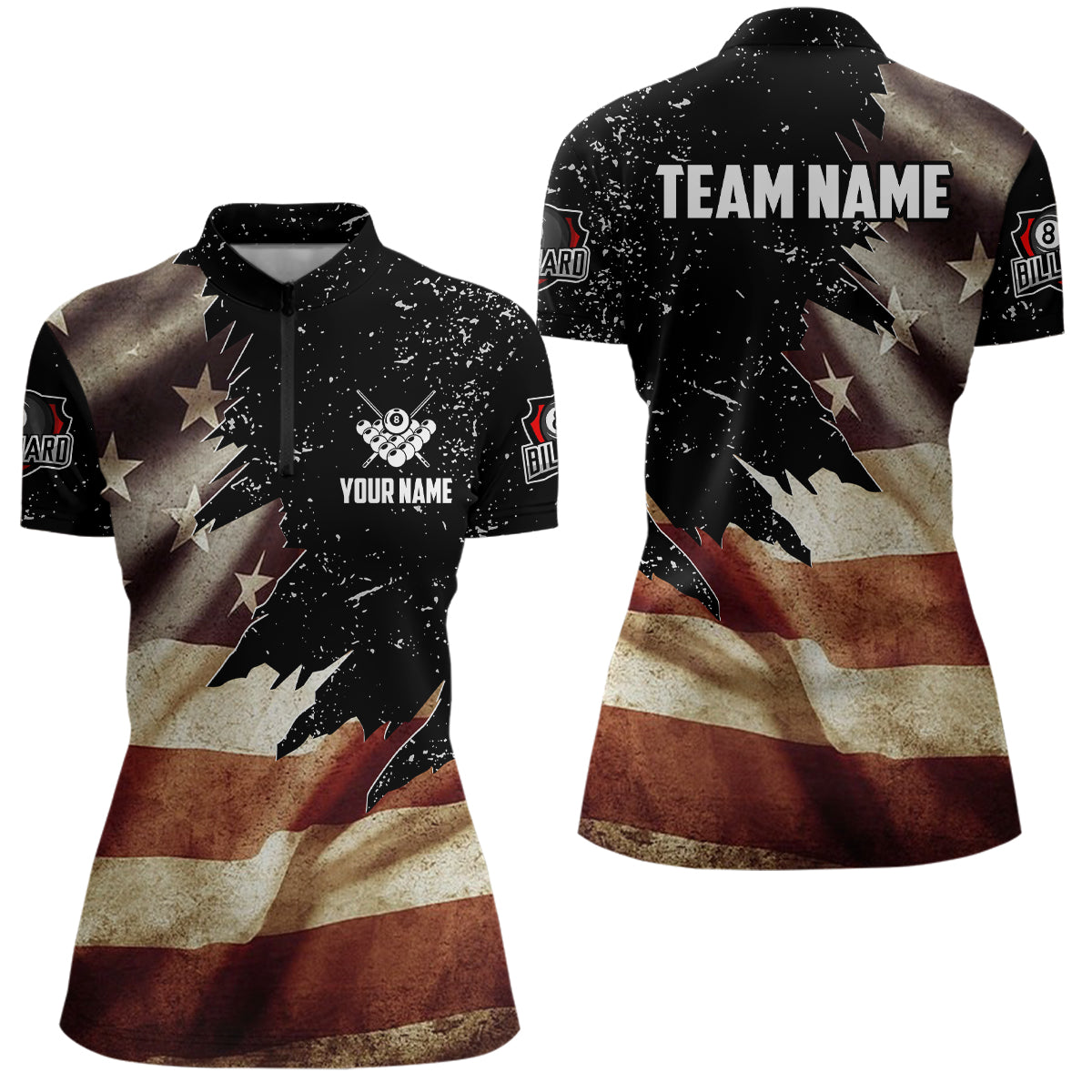 Personalized Retro US Flag Billiard Women Quarter-Zip Shirts, Patriotic Billiard Jerseys TDM0714
