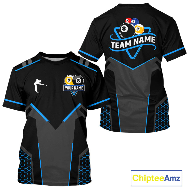 Personalized 8 Ball & 9 Ball Pool Billiard T-Shirt For Men Custom Billiard Team Jerseys | Blue TDM3547