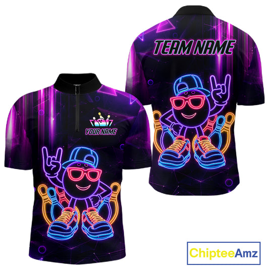 Funny Neon Bowling Ball Polo & Quarter Zip Shirt For Men Custom Bowling League Team Jersey TDM6520