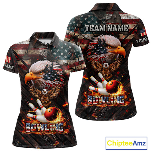 American Flag Flame Eagle Bowling Shirt For Women Custom Patriotic Bowling Jersey Polo & 1/4 Zip TDM6108