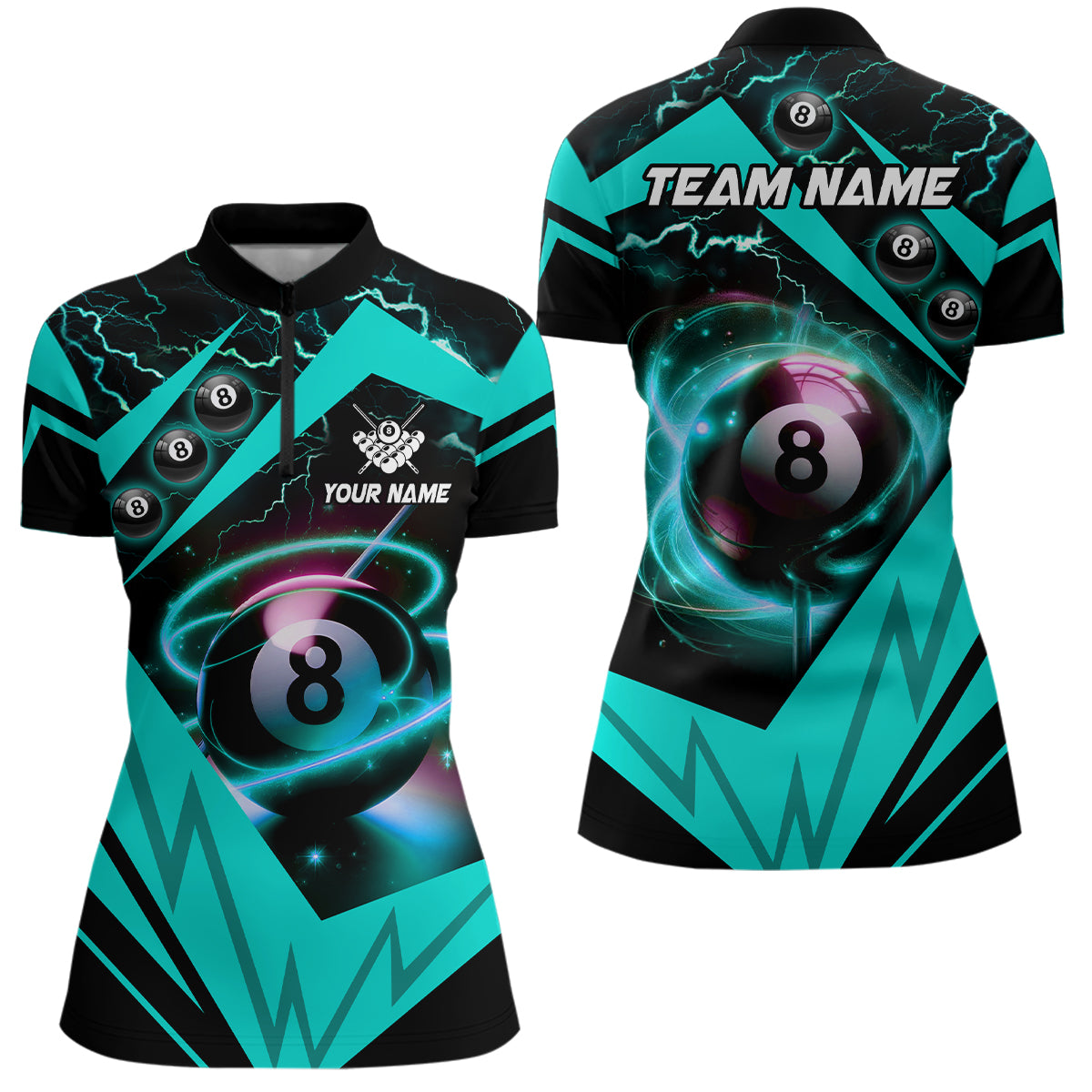 Turquoise 8 Ball Pool Billiard Jerseys Custom Women Quarter-Zip Team League Billiard Shirts TDM1487
