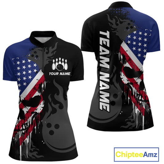Custom Grunge American Flag Skull Bowling Shirt For Women, Patriotic Bowling Jersey Polo & 1/4 Zip TDM4636