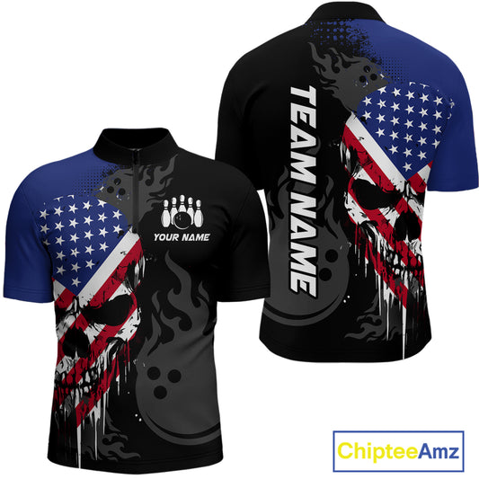 Custom Grunge American Flag Skull Bowling Shirt For Men, Patriotic Bowling Jersey Polo & 1/4 Zip TDM4636