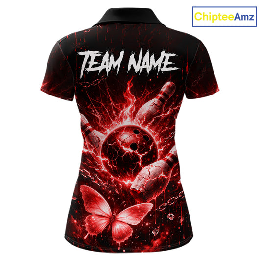 Personalized Red Butterfly Skull Bowling Shirt For Women Custom Bowling Jersey Polo & 1/4 Zip TDM6385