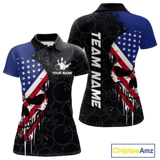 Custom American Flag Skull Bowling Jersey For Women, Patriotic Bowling Team Shirt Polo & 1/4 Zip TDM6389