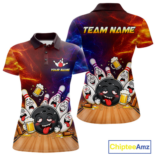 Custom lightning drunk bowling balls and pins bowling team jersey polo shirt for women featuring funny beer bowling balls and pins artwork, premium custom bowling league apparel.