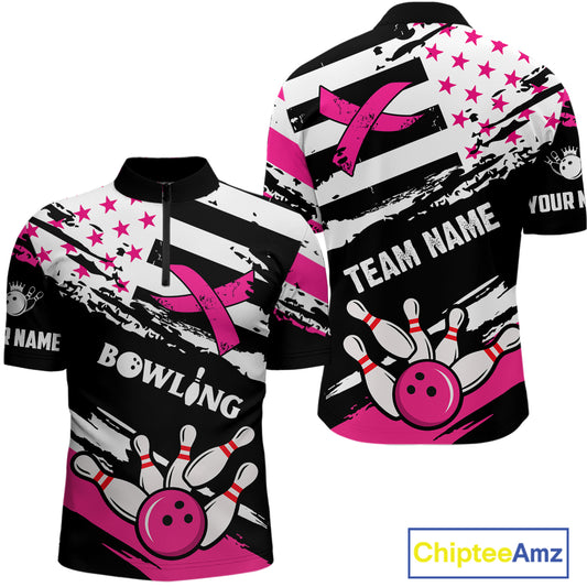Breast Cancer Awareness American Flag Bowling Shirt For Men Custom Pink Ribbon Bowling Team Jersey TDM4655