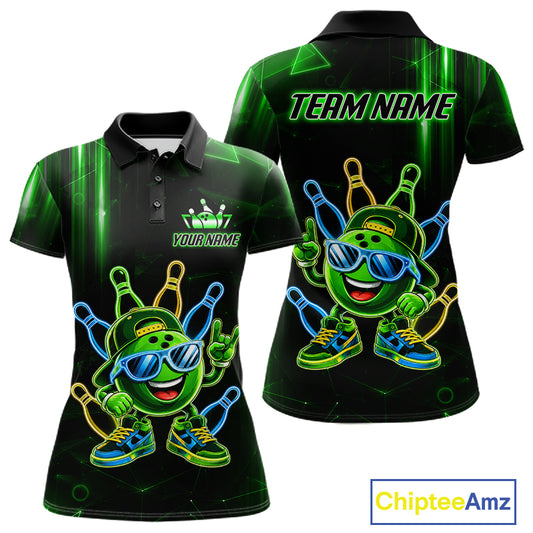 Green funny neon bowling ball bowling team polo shirt for women with vibrant neon bowling graphics.