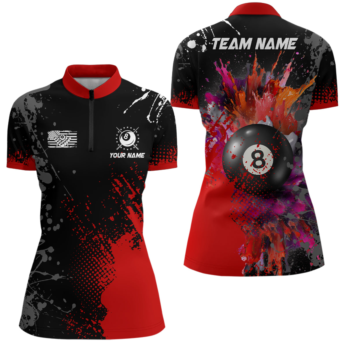Personalized Red Billiard Paint Style Women Quarter-Zip Shirts Custom Billiard Outfit Idea TDM0432