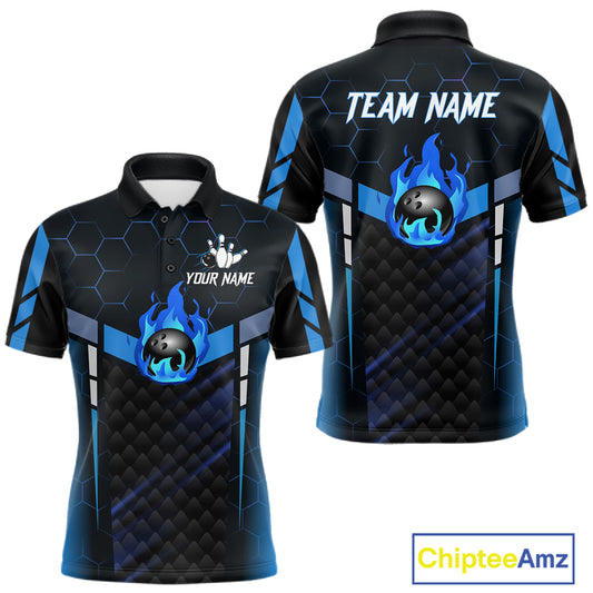 Black And Blue Bowling Jersey For Men Custom Flame Bowling Shirt Team Polo & Quarter Zip TDM5823