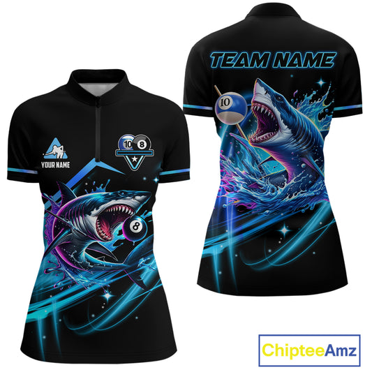 Blue 8 Ball & 10 Ball Pool Billiard Shark Polo & Quarter Zip For Women Custom Team Billiard Jerseys TDM4090
