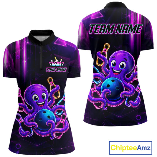 Colorful neon octopus bowling quarter zip shirt for women built for league tournaments and team events.
