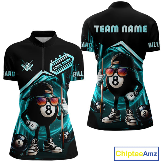Turquoise Funny 8 Ball Billiard Shirt For Women Custom Pool Team Shirt, Billiard Jersey Polo, 1/4 Zip TDM5644