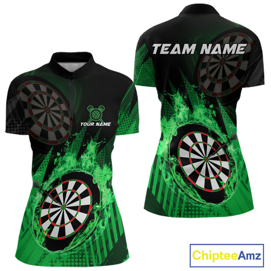 Green Dartboard Fire Flame Darts Shirt For Women Custom Darts Jersey, Dart Team Shirt Polo & 1/4 Zip TDM4799