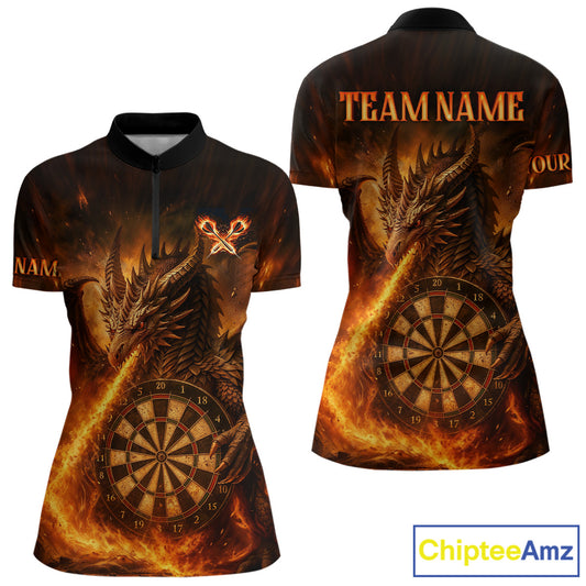 Orange Flaming Dragon Darts Jersey For Women Custom Polo & Quarter Zip Darts League Team Shirt TDM4555