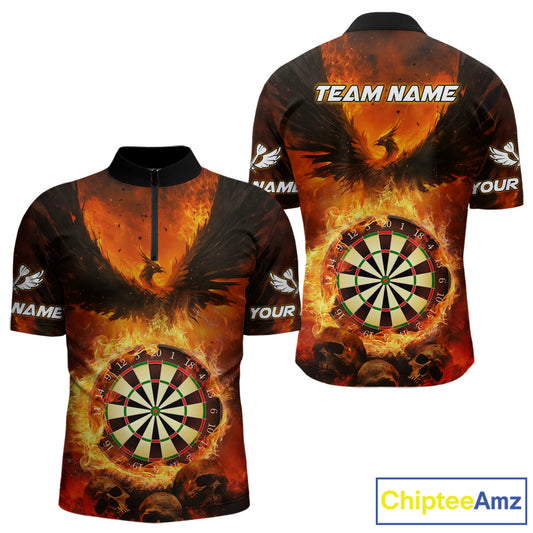 Personalized Orange Flaming Phoenix Darts Shirt For Men, Darts League Jersey Team Polo & 1/4 Zip TDM4490
