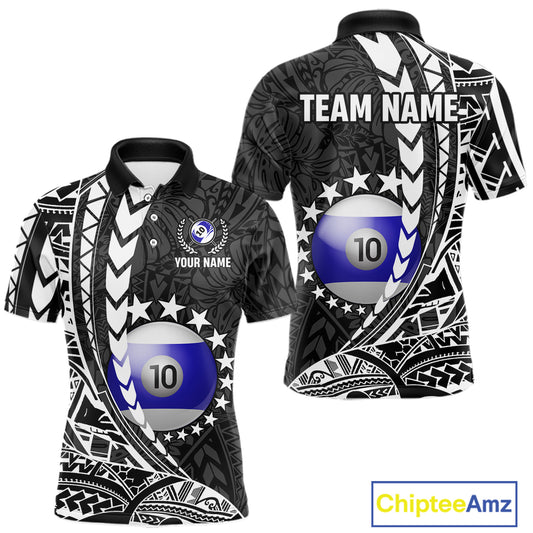 Custom black and white 10 ball pool tribal billiard team jersey polo shirt for men featuring detailed tribal artwork, premium custom pool league apparel for tournaments, league matches and competitive billiard teams.