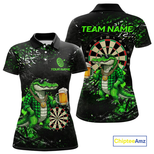 Green Grunge Funny Alligator Darts Shirt For Women Custom Darts Jersey Polo & 1/4 Zip, Darts Gifts TDM6373