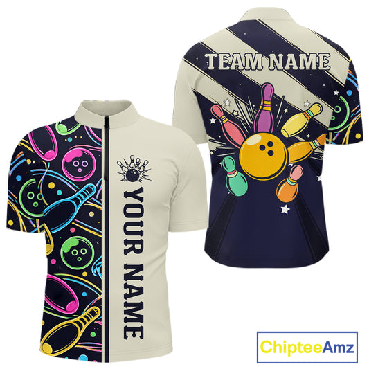 Personalized Funny Neon Bowling Shirt For Men, Retro Bowling Team Jersey Polo & 1/4 Zip TDM6461