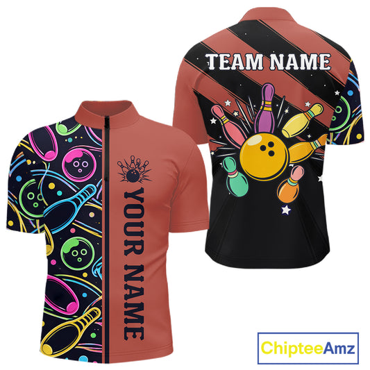 Personalized Funny Neon Bowling Shirt For Men, Retro Bowling Team Jersey Polo & 1/4 Zip | Orange TDM6462