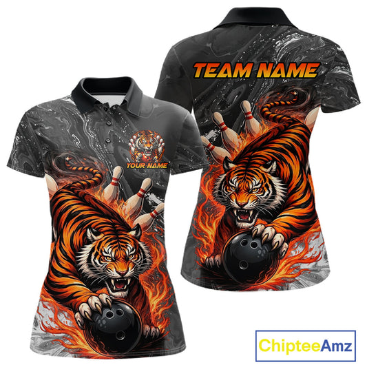 Personalized Flame Tiger Bowling Shirt For Women Custom Bowling League Team Jersey Polo & 1/4 Zip TDM6295