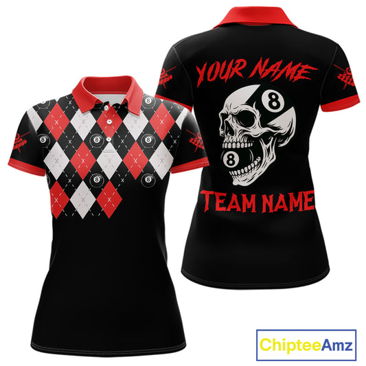 Personalized 8 Ball Pool Skull Argyle Pattern Women's Billiard Shirts, Billiard Team Jersey |Red TDM5719