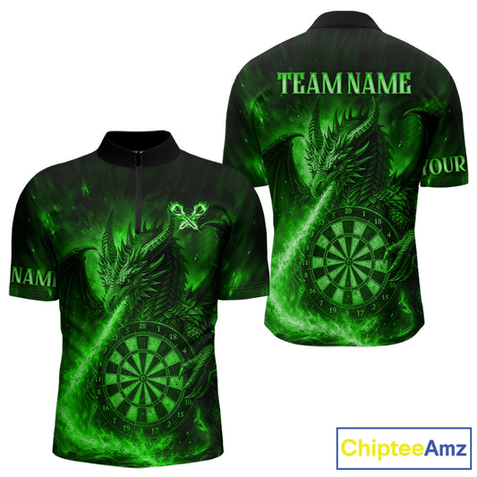 Green Flaming Dragon Darts Jersey For Men Custom Polo & Quarter Zip Darts League Team Shirt TDM5489