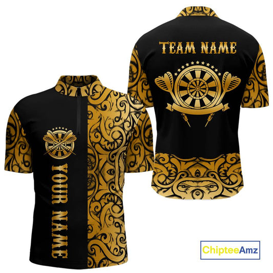 Black And Gold Custom Tribal Darts Shirt For Men, Personalized Darts Jersey Team Polo & Quarter Zip TDM5392