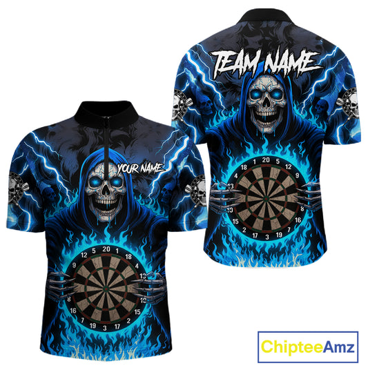 Blue Grim Reaper Thunder Lightning Mens Dart Shirts Custom Flame Dart Jerseys Team Polo & 1/4 Zip TDM5174