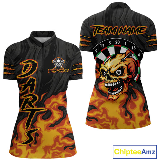 Black And Orange Custom Fire Flame Skull Darts Shirt For Women, Darts Jersey Team Polo & 1/4 Zip TDM5057